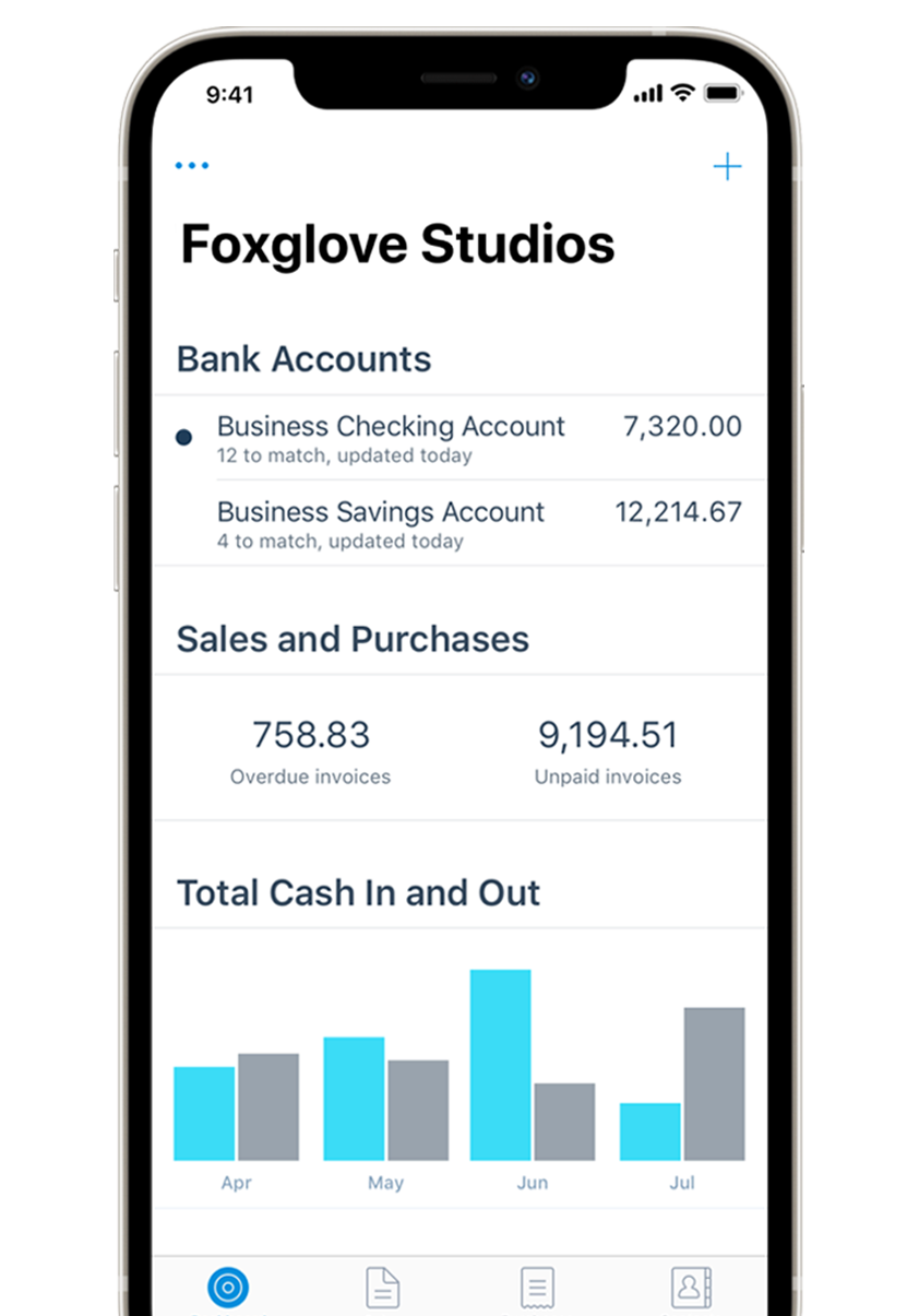 A mobile phone shows bank accounts, sales and purchases, and total cash in and out in Xero